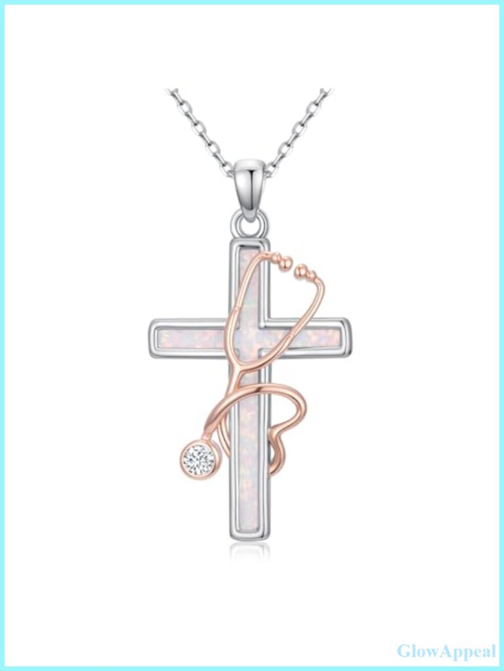 925 Sterling Silver Stethoscope Cross Necklace Opal Pendant Nurse Gift